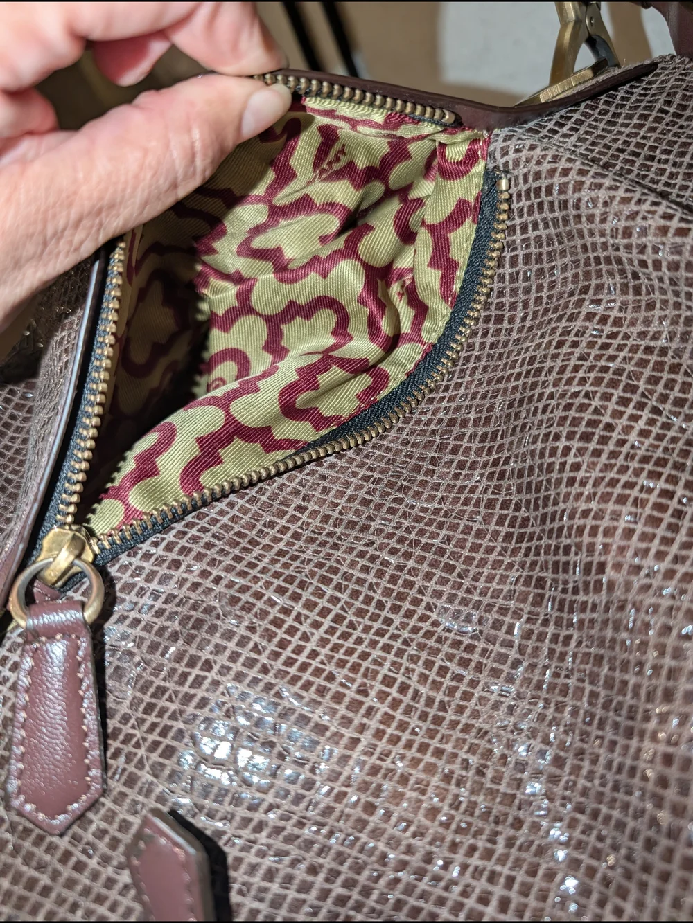 B. Makowsky Snakeskin-Embossed Bag | Taupe & Burgundy | Gold-Tone Hardware